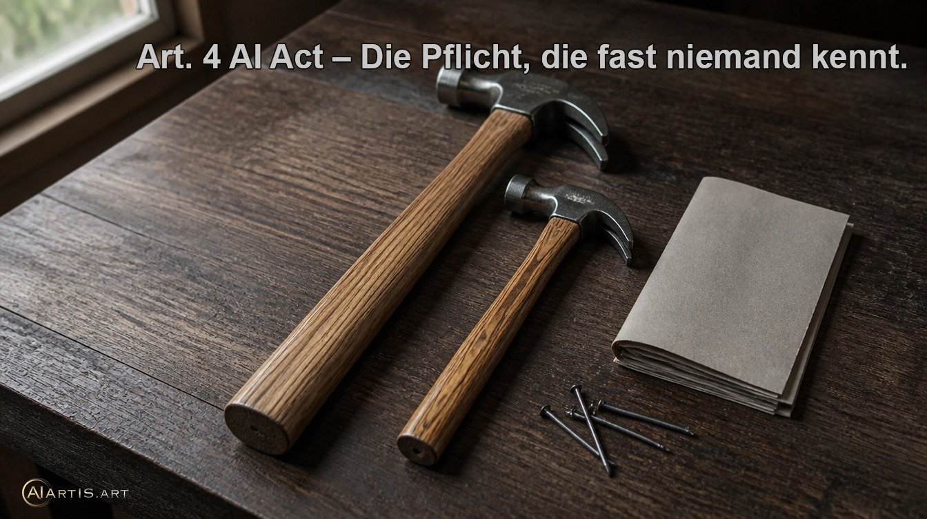 Art. 4 AI Act – Die Pflicht, die fast niemand kennt Art. 4 AI Act – Die Pflicht, die fast niemand kennt – Teaserbild zur Blogserie „KI ist ein Hammer“ (KI-generiertes Bild)