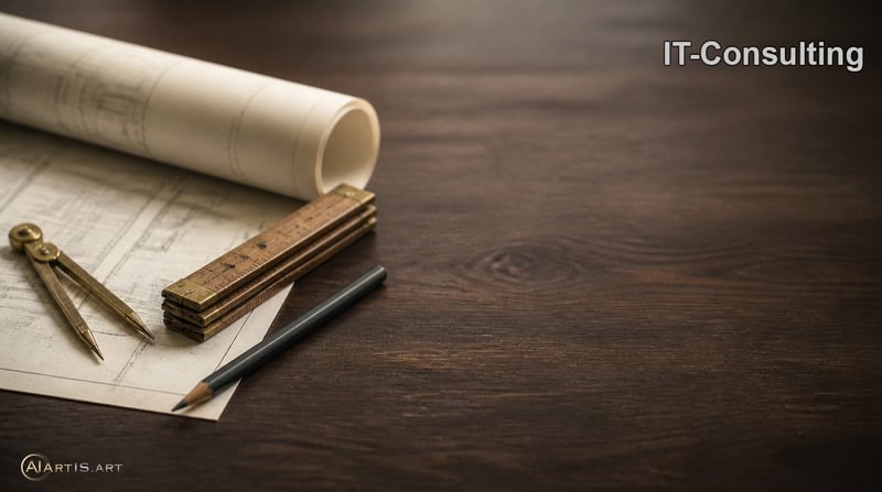 Bauzeichnung, Zirkel und Zollstock auf einer Eichenplatte – IT-Consulting