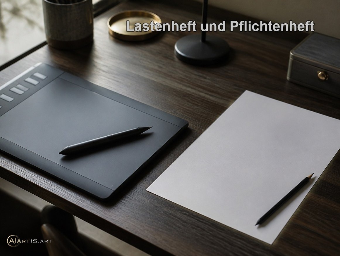 Grafiktablett mit Stift und Spezifikationsblatt – Lastenheft und Pflichtenheft