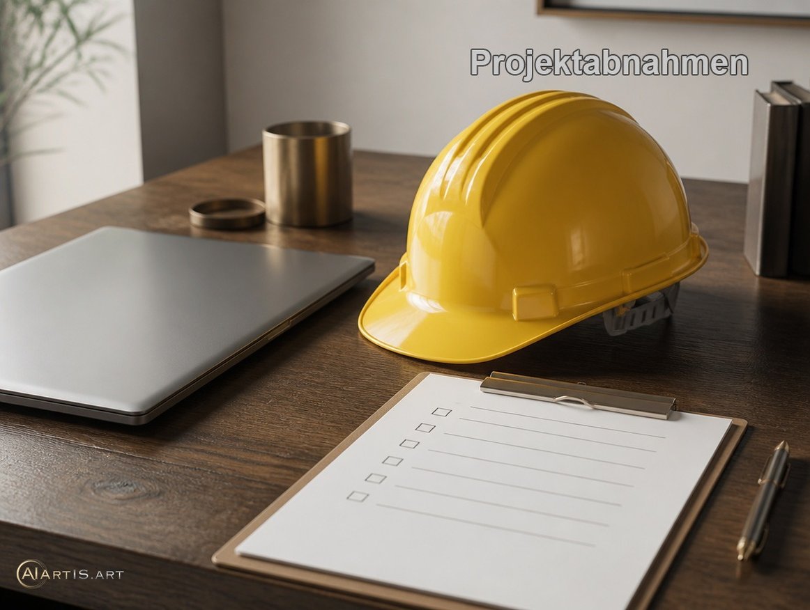 Bauhelm, Laptop und Klemmbrett mit Checkliste – Projektabnahmen
