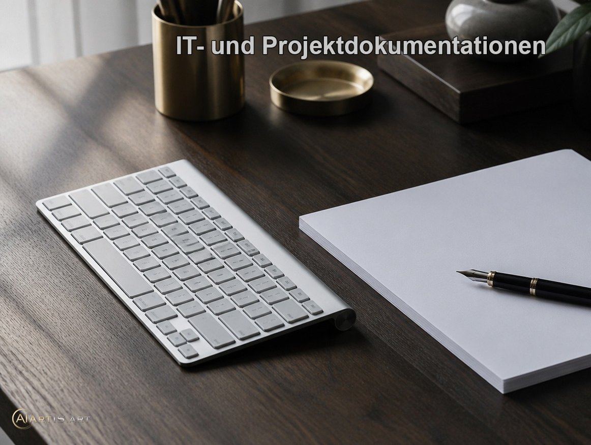 Tastatur mit Papierstapel und Füller – IT- und Projektdokumentationen