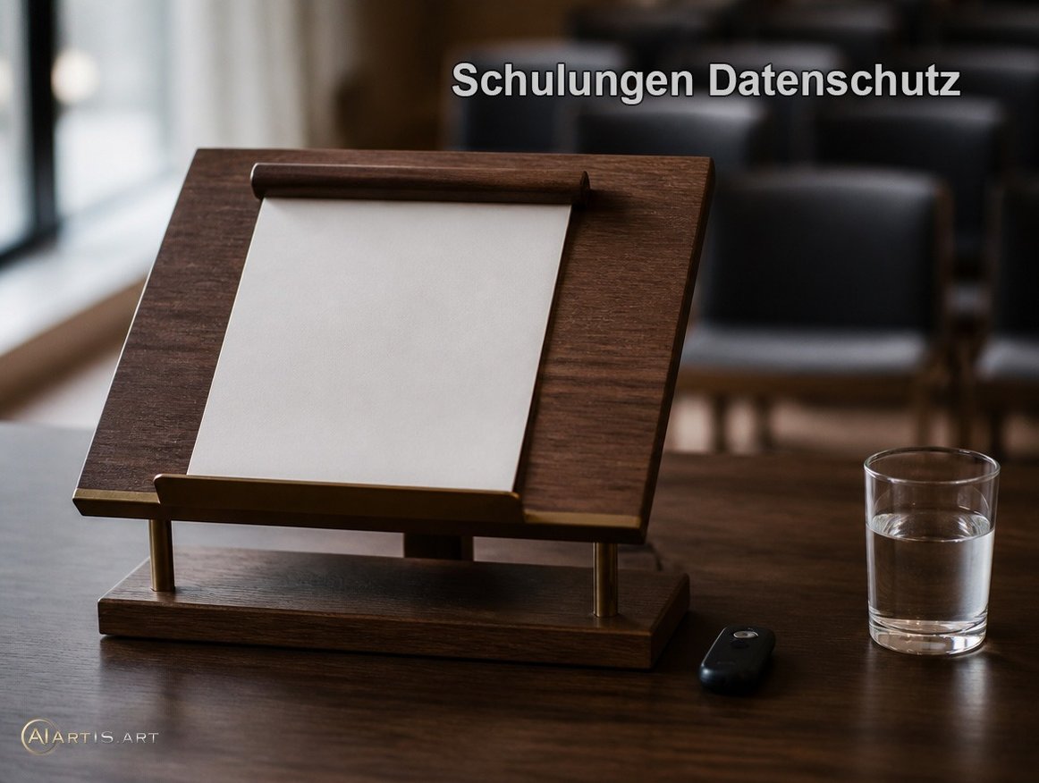 Rednerpult mit Notizblock und Presenter – Schulungen Datenschutz