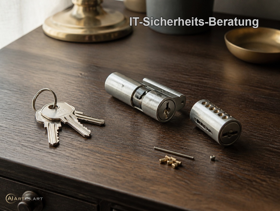 Zerlegter Schließzylinder mit Schlüsselbund – IT-Sicherheitsberatung