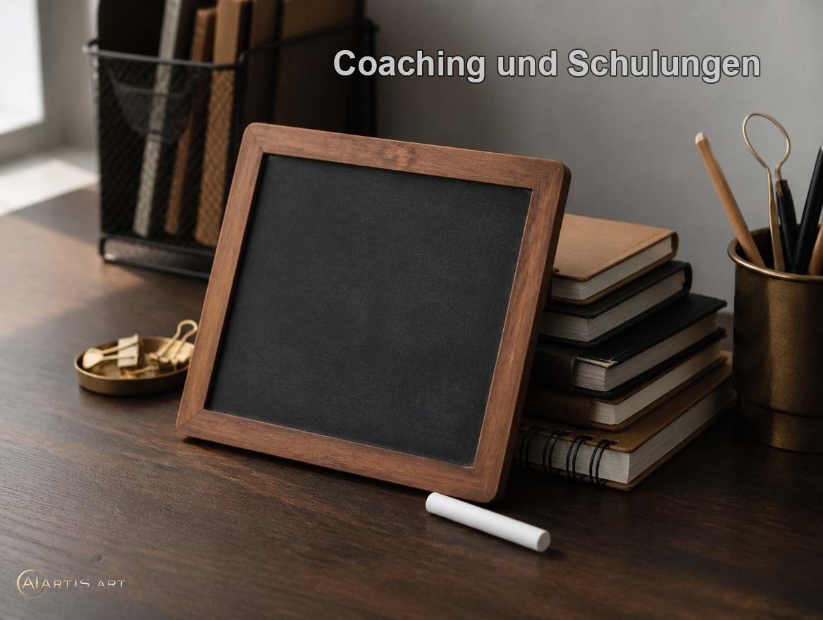 Schiefertafel mit Kreide und Notizbüchern – Coaching und Schulungen