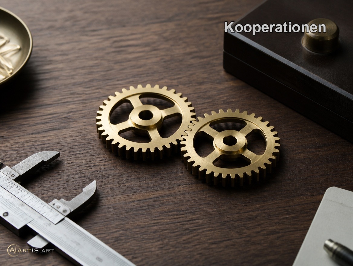 Zwei ineinandergreifende Messingzahnräder – Kooperationen